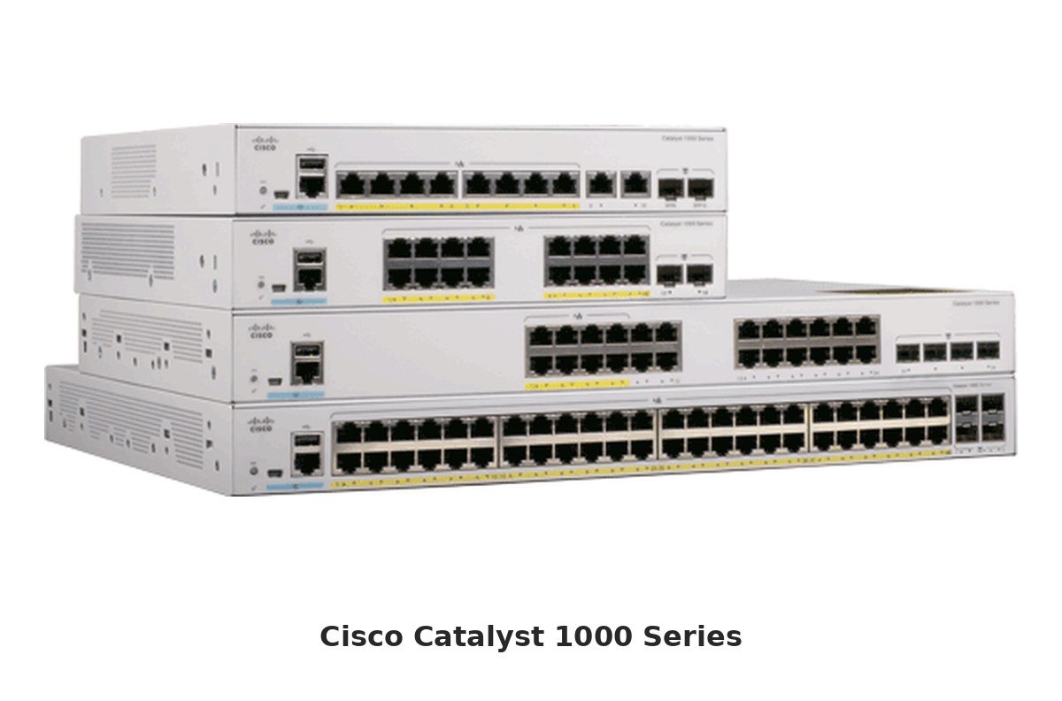 Bốn switch Cisco Catalyst 1000 Series 8, 24 và 48 cổng xếp chồng lên nhau